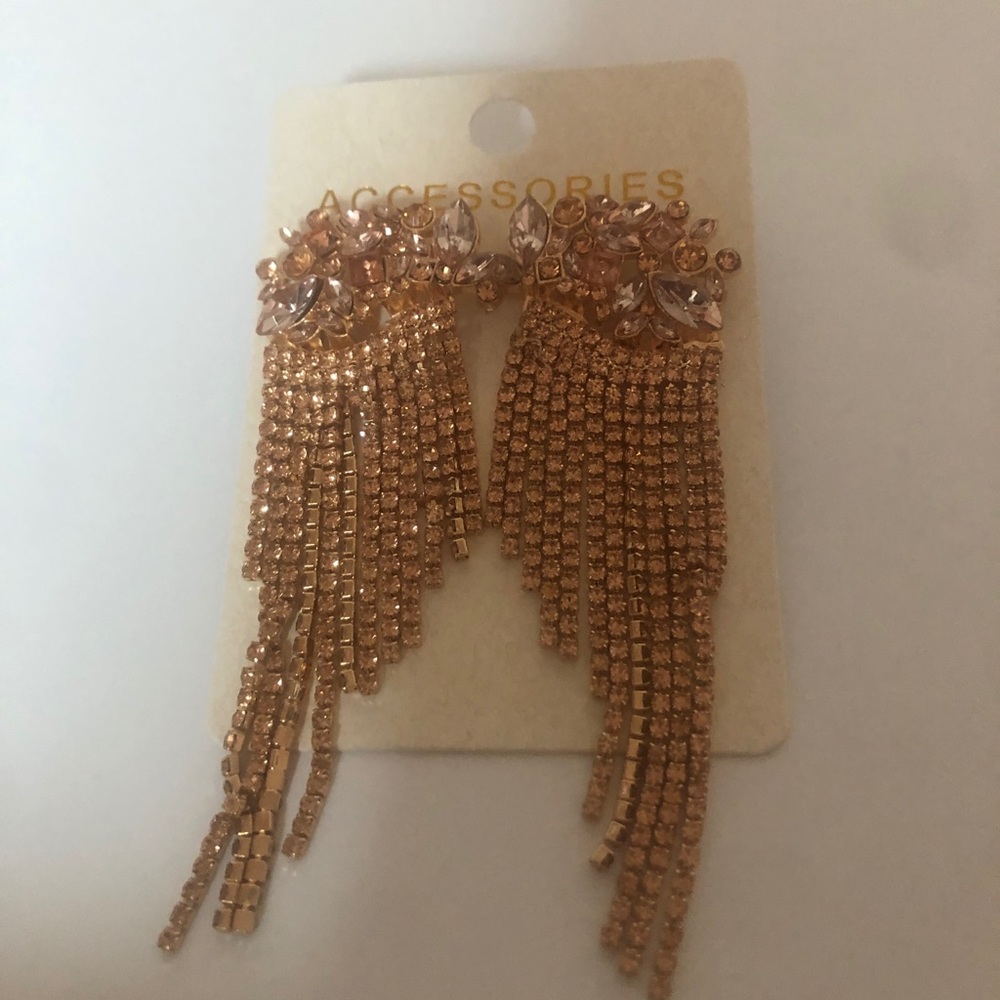 Extra Large, Extra Long Dangle Earrings W/ Glass Gem Cluster And Metalic Strands